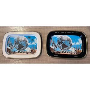 VTG 64 65 New York Worlds Fair Souvenir Trays Set 2 Steel Queens Unisphere Retro